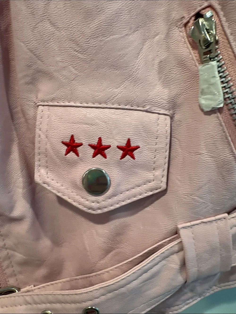Girls' Pink Faux Leather Biker Jacket with Stars